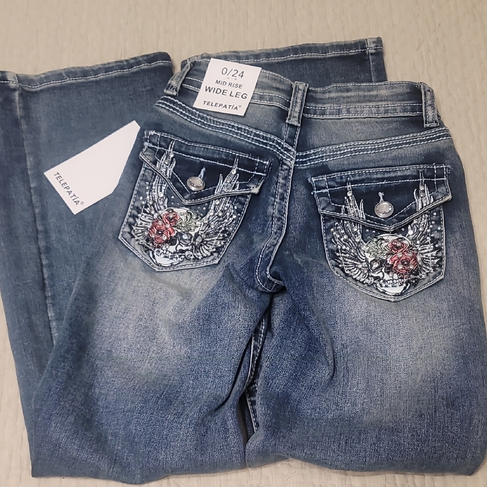 Telepatia Blue Embroidered Wide Leg Jeans